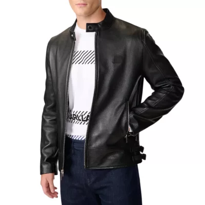 David Black Racer Leather Jacket With Band Collar
