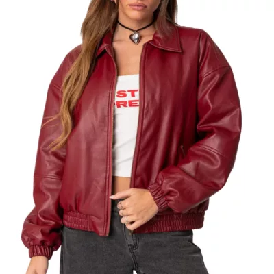 Maroon Leather Bomber Jacket Women