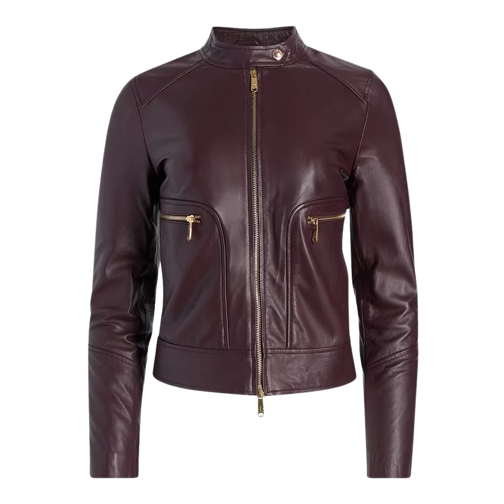 Maroon Biker Jacket Women With Snap Tab Collar