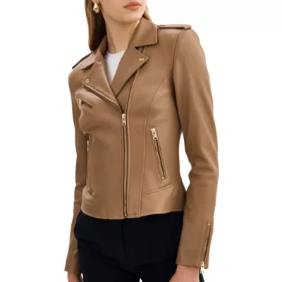 Womens Asymmetrical Beige Leather Jacket