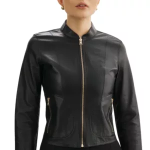 Womens Black Reversible Leather Bomber Jacket