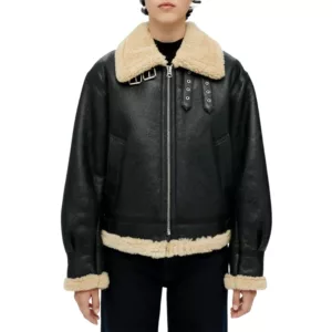 Womens Black Aviator Leather Jacket With Shearling
