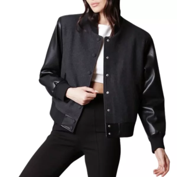 Womens Black Varsity Jacket With Leather Sleeves Free Shipping