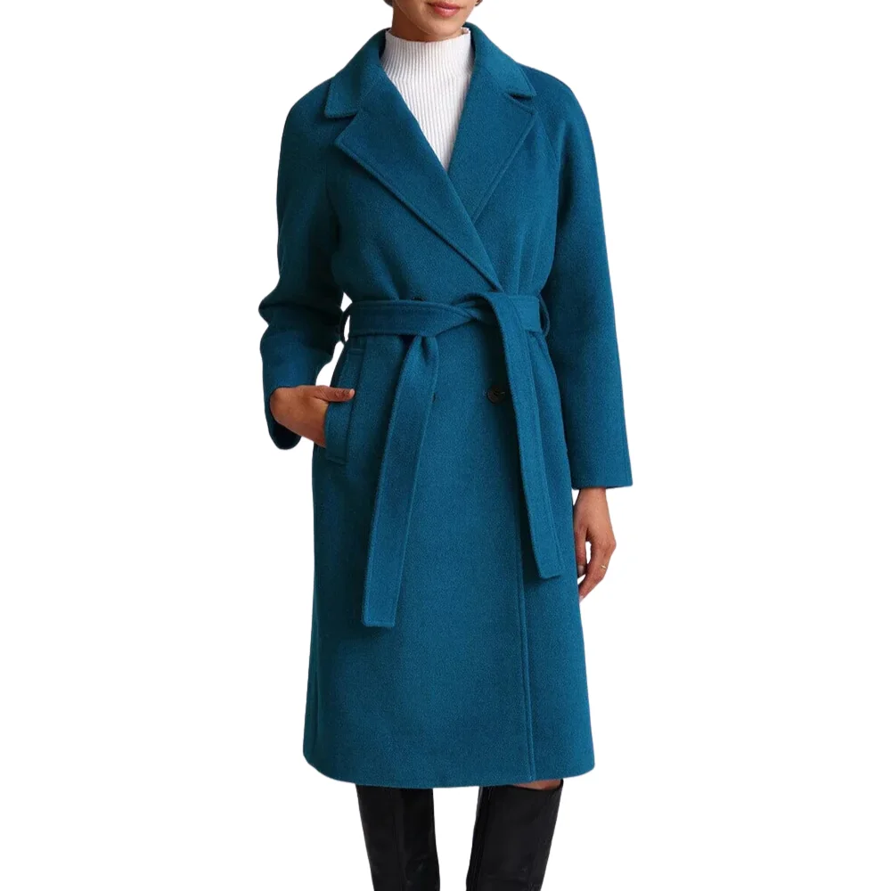 Womens Blue Belted Walker Wool Double Breasted Coat