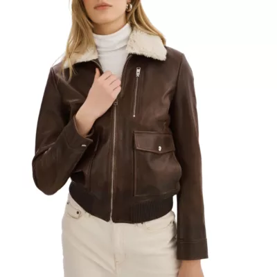 Womens Brown Leather Aviator Jacket