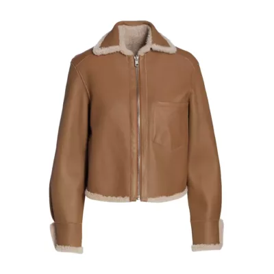 Womens Brown Leather Shearling Trimmed Zip Jacket