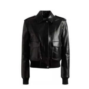 Womens Classic Collared Black Bomber Leather Jacket