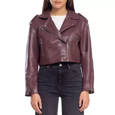 Womens Maroon Crop Leather Jacket