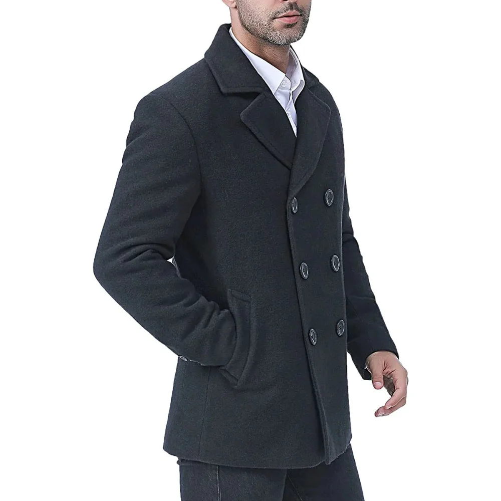 Men Double Breasted Black Pea coat | Wool Winter Coat for Men