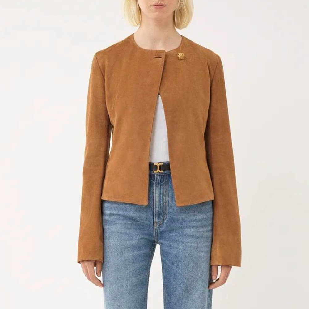 Brown Fitted Collarless Jacket Womens