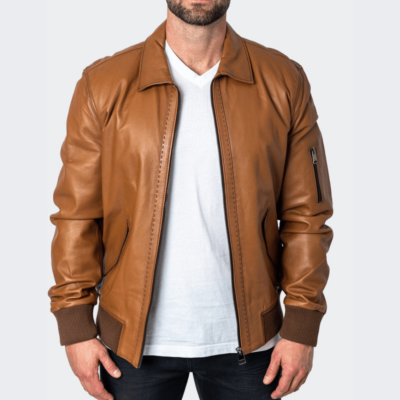 Classic Collar Leather Brown Jacket for Men