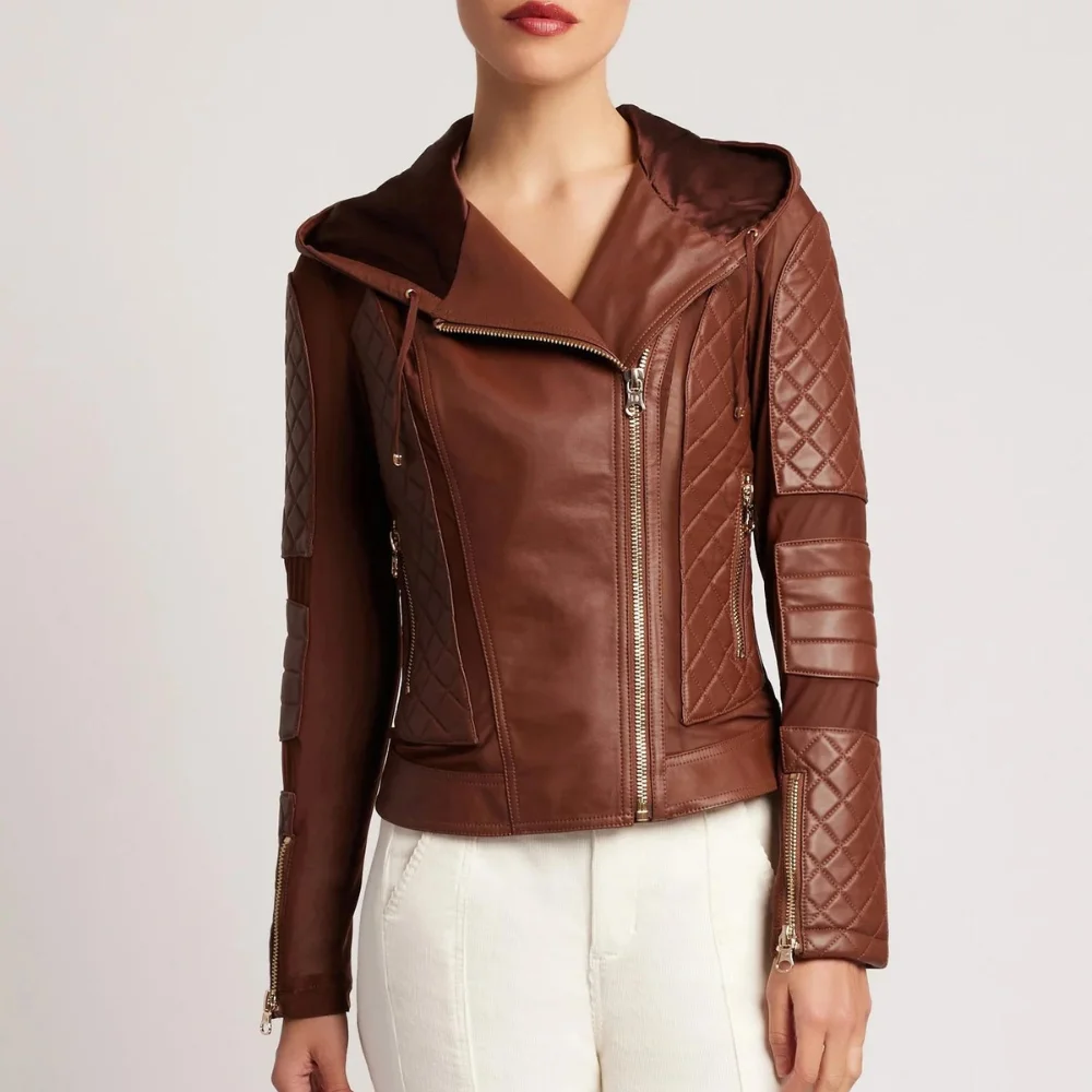 Brown Hoodie Moto Leather Jacket with Quilted Detailing