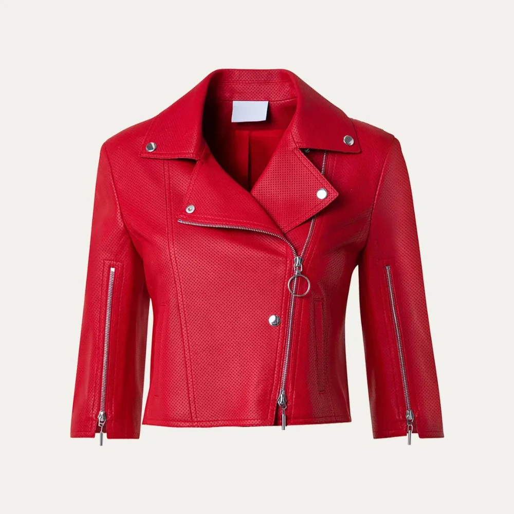 Red Crop Moto Leather Jacket Womens