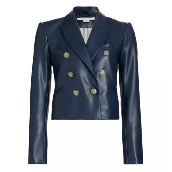 Blue Double Breasted Leather Blazer For Women