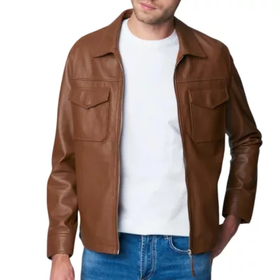 Mack Brown Leather Moto Racer Jacket | Men's Brown Shirt Jacket Motorcycle Leather