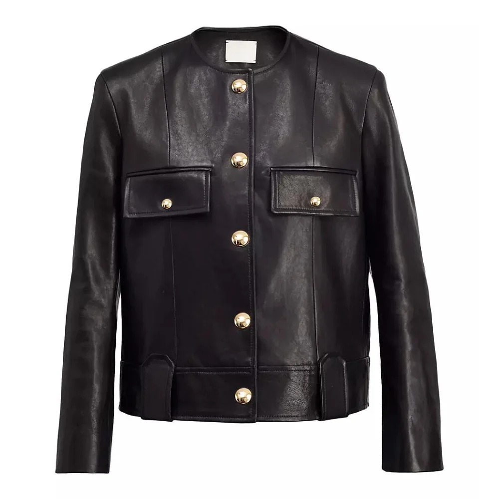 Women Black Laybin Collarless Leather Jacket