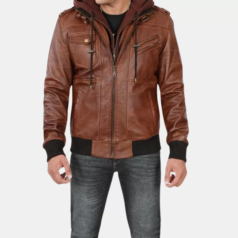 leather jacket bomber men hooded
