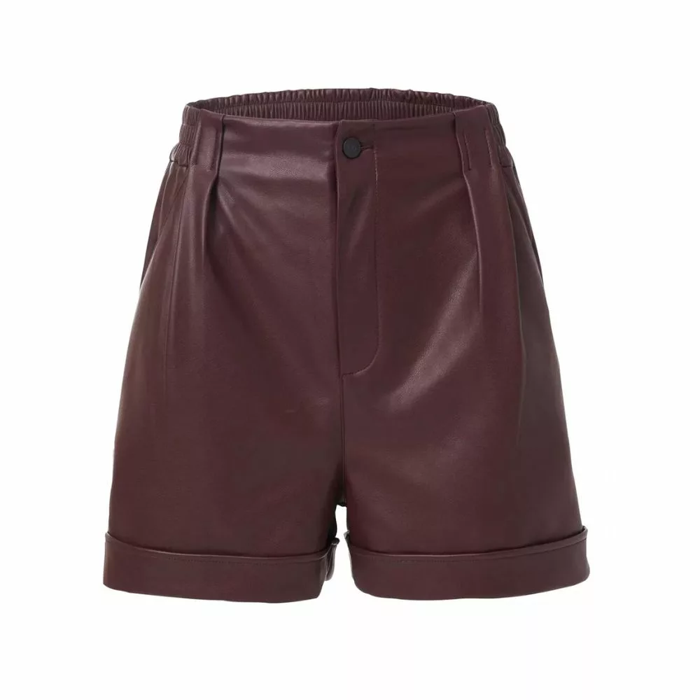 Real Lambskin Burgundy Leather Shorts For Women