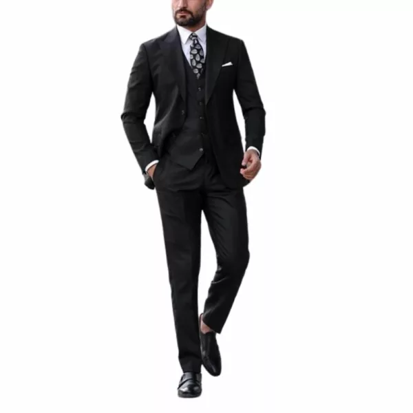 Men's Black Peak Lapel Six Button Casual Wool Fabric Suit
