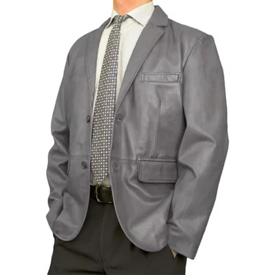 Men's Two Buttoned Gray Leather Blazer