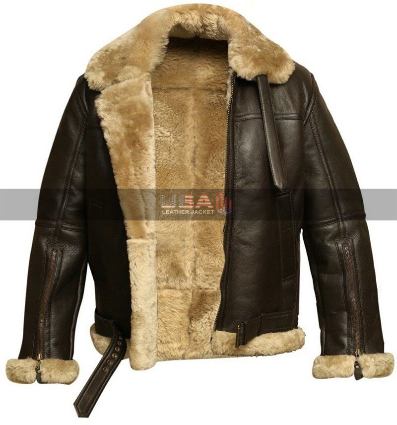 Men Aviator B3 Fur Shearling Dark Brown Leather Jacket