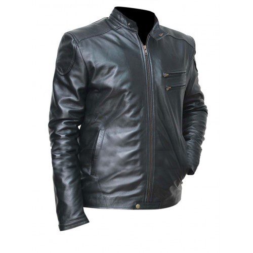 Mens Cafe Racer Vintage Moto Black Shiny Biker Leather Jacket