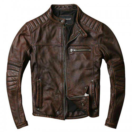 Men's Vintage Motorcycle Cafe Racer Quilted Biker Distressed Brown Leather Jacket