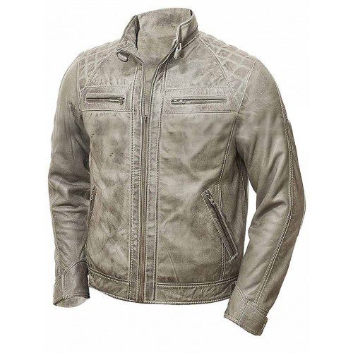 Men's Vintage Shade Quilted Cafe Racer Distressed White Jacket 