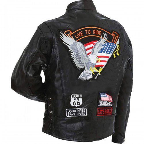 American Eagle Logo Live to Ride Motorcycle Rider Black Leather Jacket
