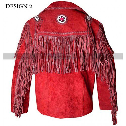 Men Western Cowboy Beads Fringe Red Suede Leather Jacket