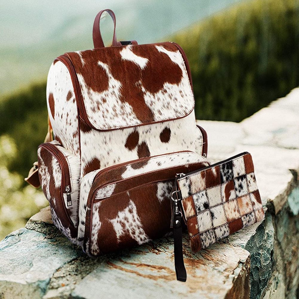 Cowhide Hair Leather Backpack Brown and White Pony Fur Rucksack/Knapsack Travel Shoulder Bag (Backpack)