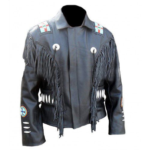 Western Cowboy Beads Fringes Black Biker Leather Jacket 