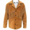 Men Western Cowboy Fringes & Beads Light Brown Suede Jacket 