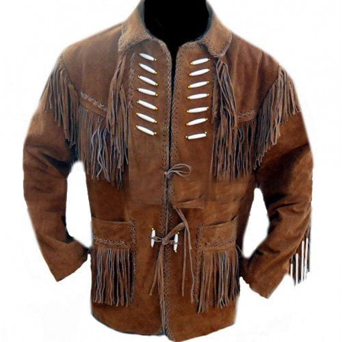Men's Cowboy Bones and Fringes Brown Suede Leather Jacket 