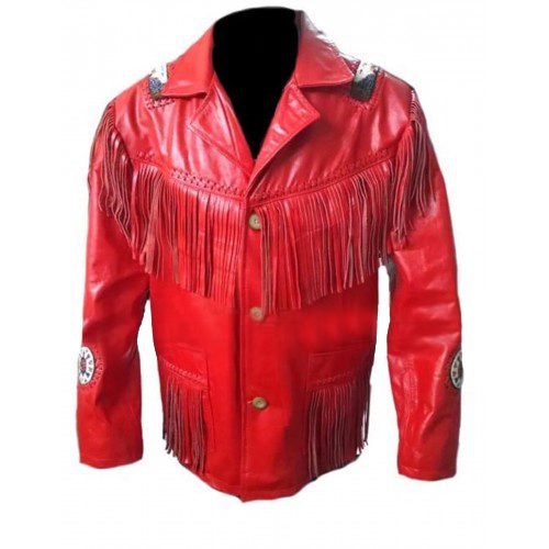 Western Men Cowboy Beads Fringe Red Leather Jacket