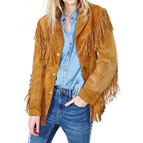Western Women Cowgirl Fringes Beads Light Brown Suede Jacket