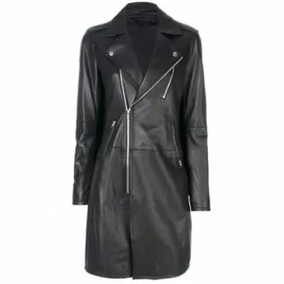 Women's Slim Fit Black Leather Long Coat