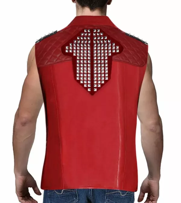 Mens Thunder Punk Rock Spikes Studded Red Leather Vest