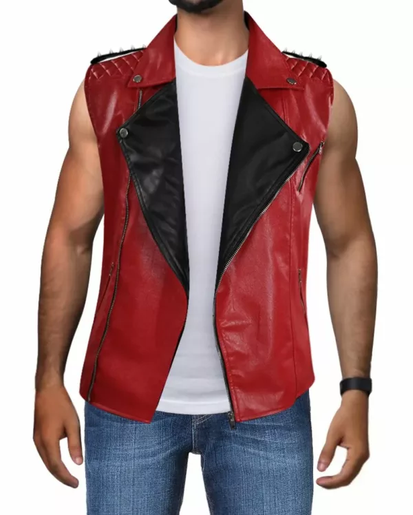 Mens Thunder Punk Rock Spikes Studded Red Leather Vest
