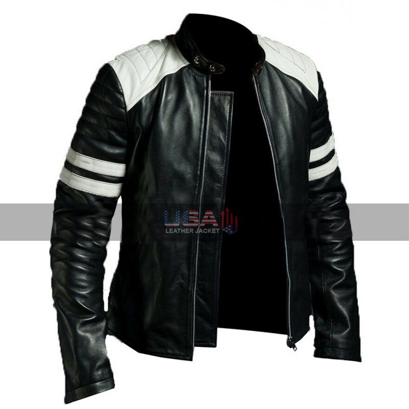 Cafe Racer Fight Club Brad Pitt White Stripes Black Leather Jacket