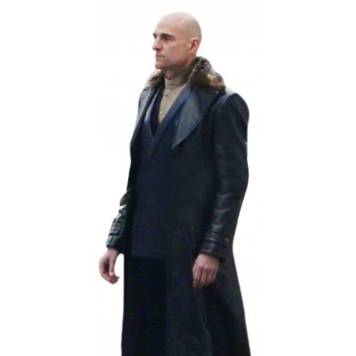 Dr Thaddeus Sivana Shazam Mark Strong Black Fur Collar Leather Coat