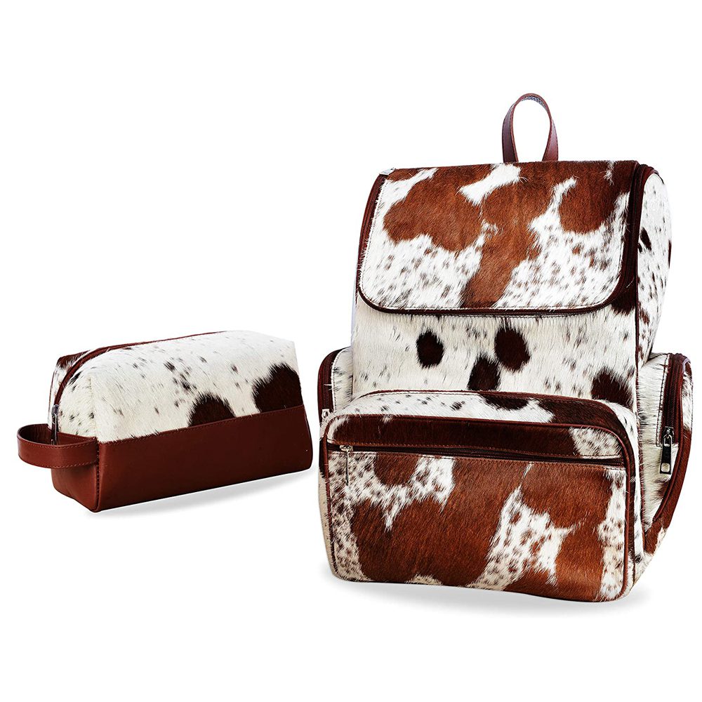 White and Brown Pony Fur Rucksack Travel Shoulder Cowhide Hair Leather Bag (Backpack + Shaving Bag)