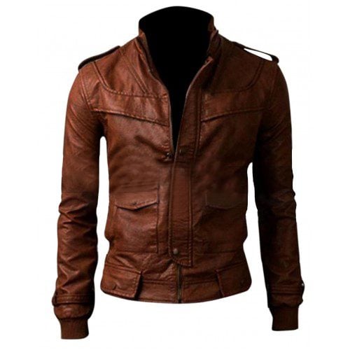 Men Slim Fit Motorcycle Brown Leather Jacket