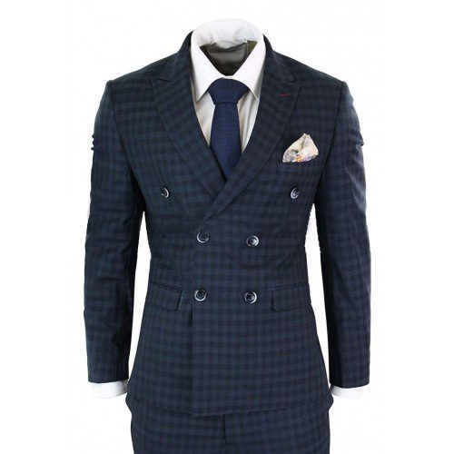 Mens Vintage Checkered Style 2 Piece 1920s Plaid Navy Suit