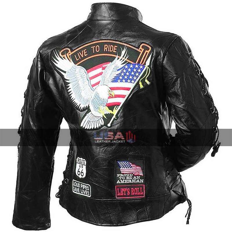 Women Live To Ride Black Leather Motorcycle Jacket