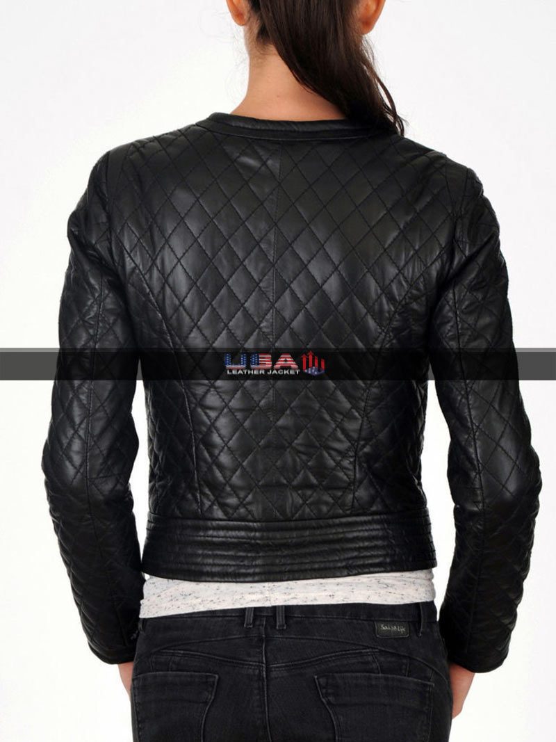 Women Slim Fit Black Quilted Biker Jacket