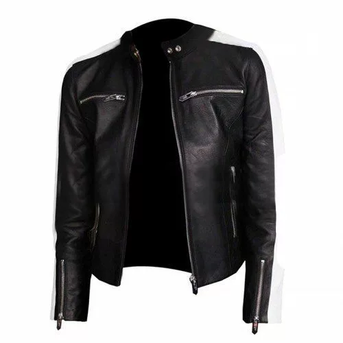 Vintage White Stripe Slim Fit Biker Black Leather Jacket For Women