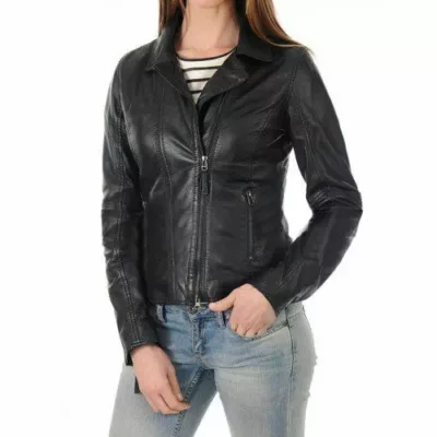 Women Slim Fit Biker Black Leather Jacket