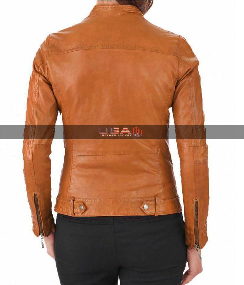 Women Motorcycle Tan Leather Jacket