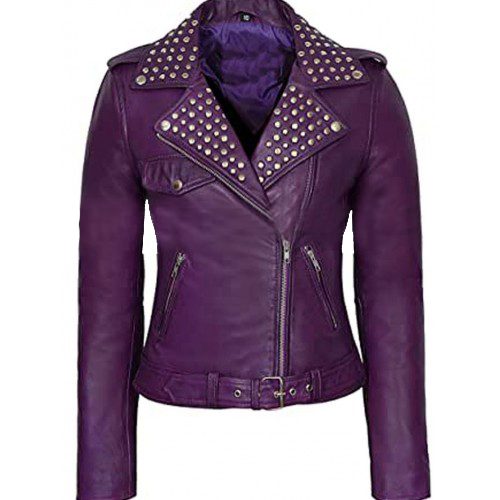 Women's Studded Asymmetrical Purple Motorcycle Leather Jacket